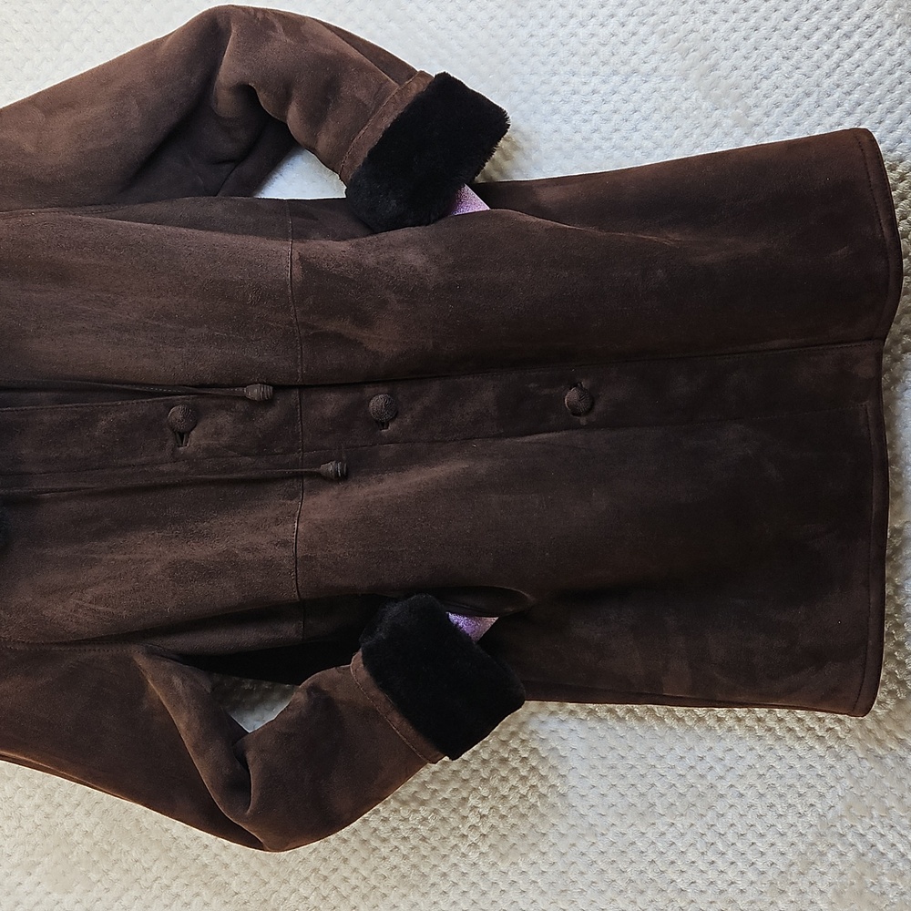 Chocolate Brown Suede Shearling Women's Coat Knee Length VTG Sz 6 Luxurious - Picture 2 of 11